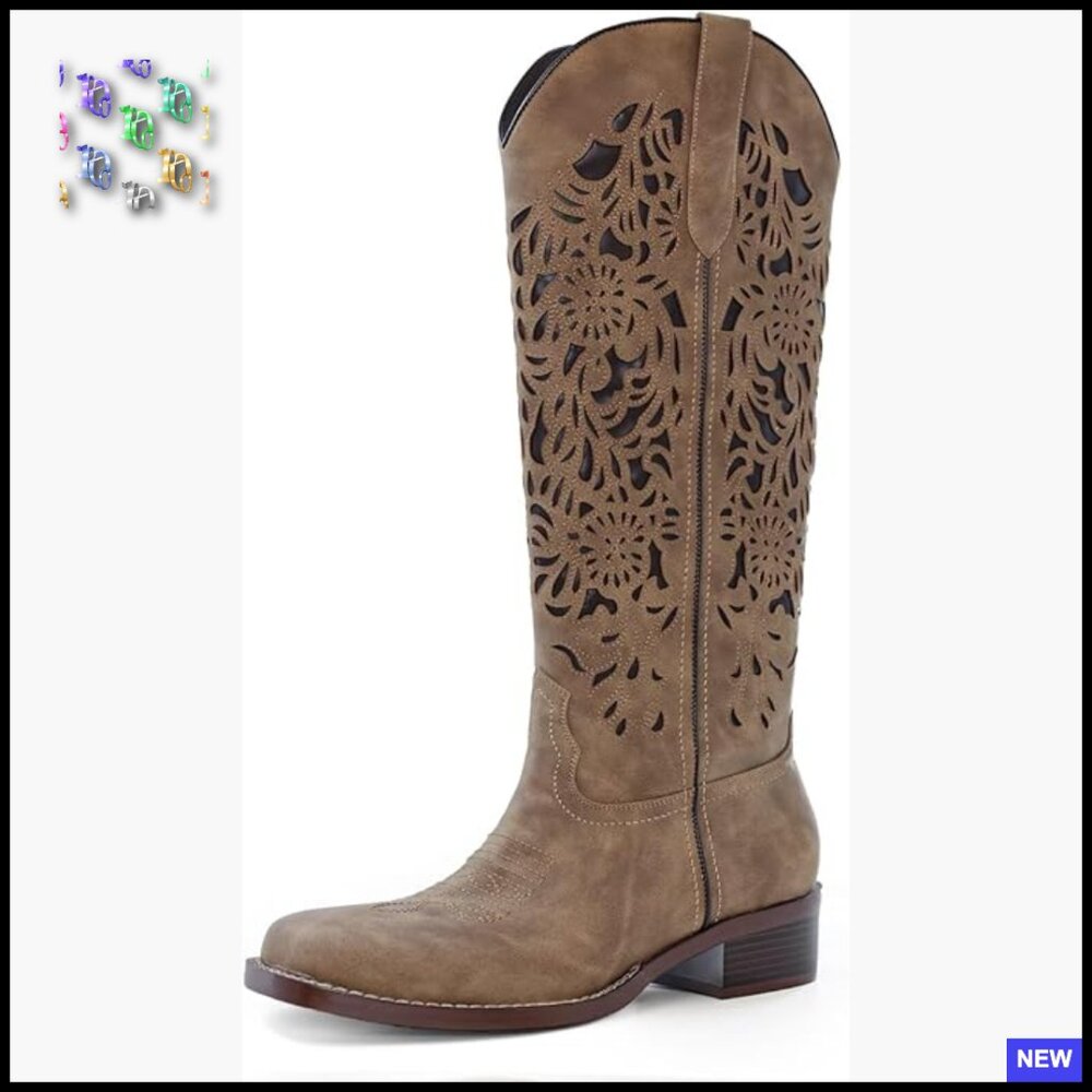 Floral Embroidered Western Cowgirl Boots Knee-High Square Toe Pull On